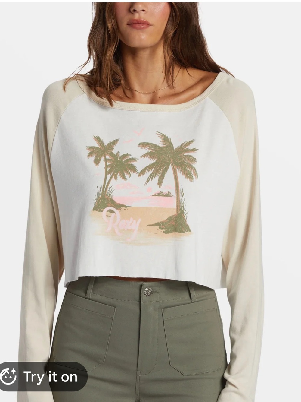 Roxy Cream and White Cropped Long-Sleeve Top